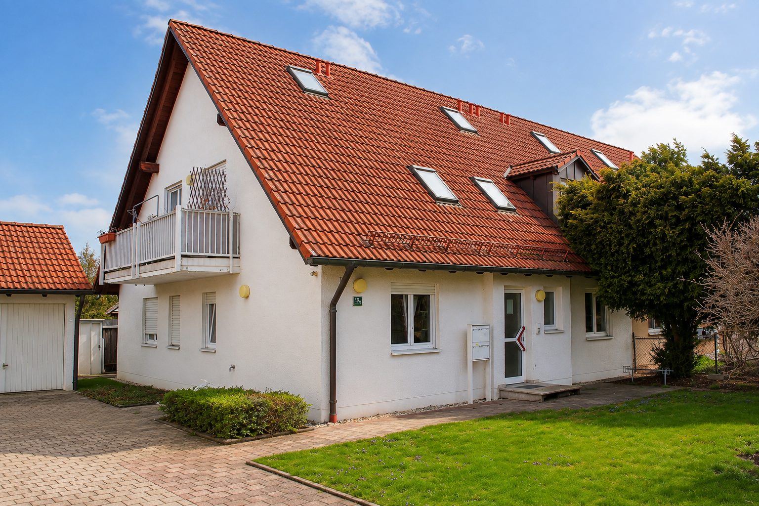 Außenansicht des Hauses mit rotem Ziegeldach in Hallbergmoos